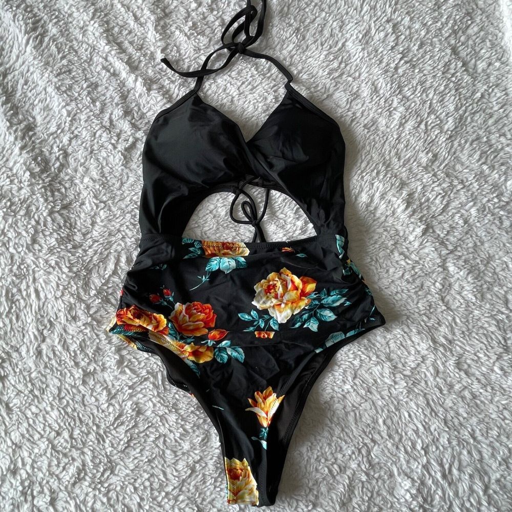 NEW Cupshe‎ Swimsuit Womens Large One Piece High Waisted Black Floral Flower